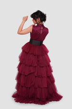 Load image into Gallery viewer, Amara Deep Wine Red Layered Tulle Sleeveless Maxi Dress