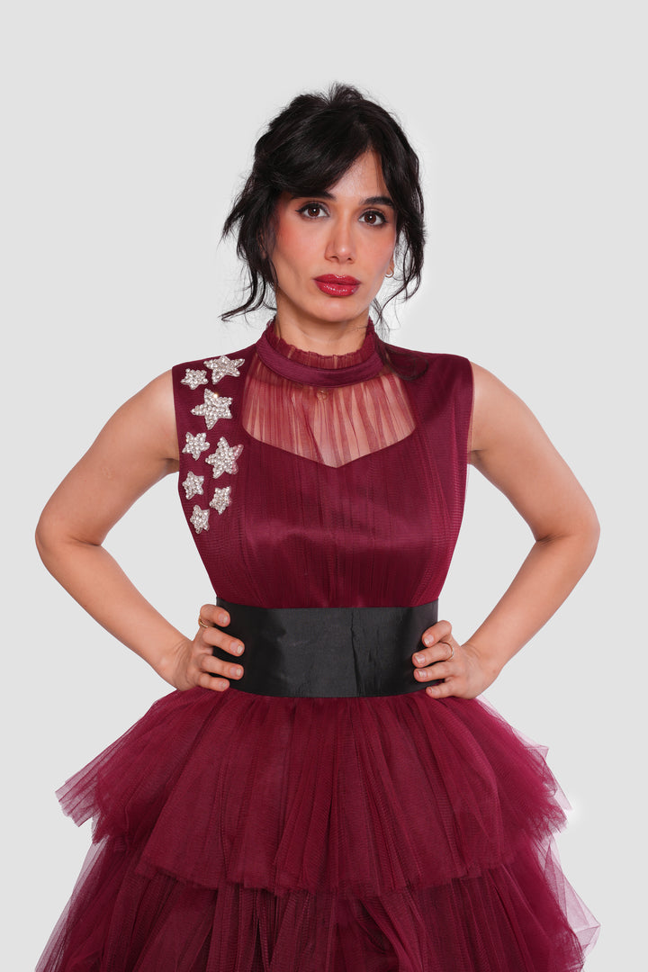 Amara Deep Wine Red Layered Tulle Sleeveless Maxi Dress