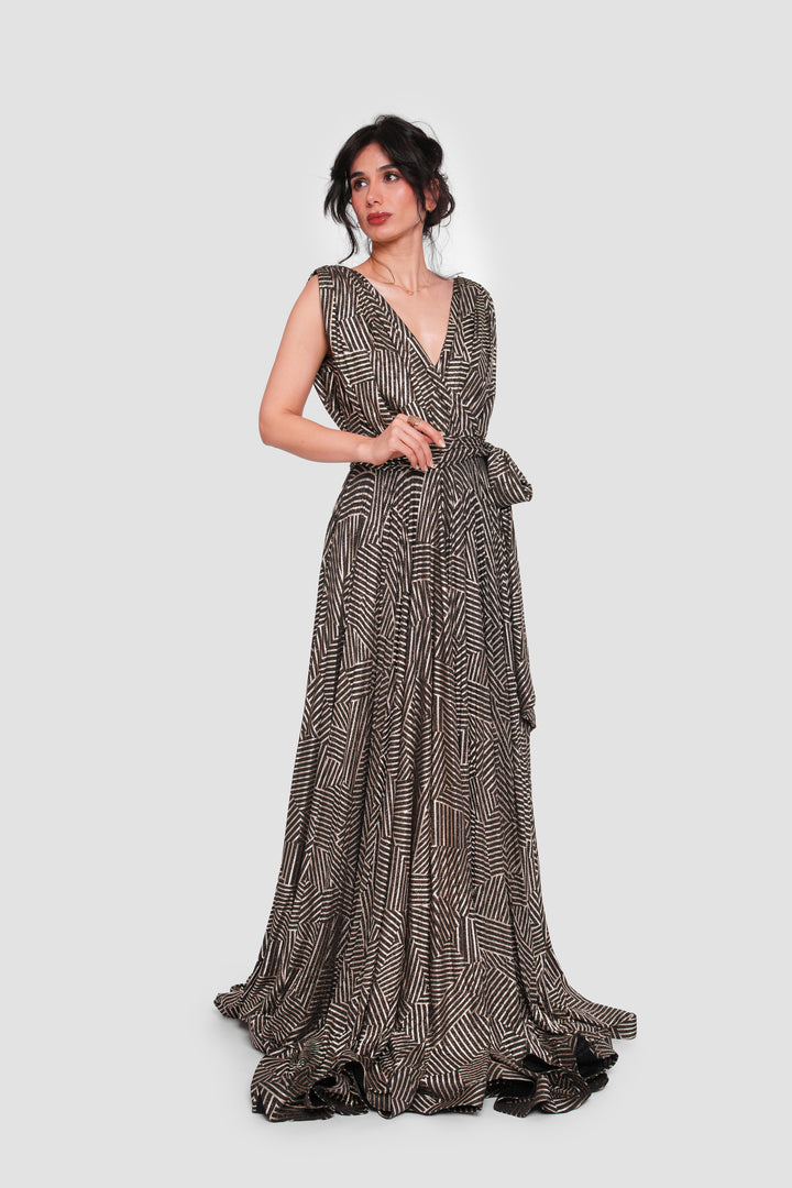 Sarah Black & White Sleeveless Surplice Neckline Maxi Dress