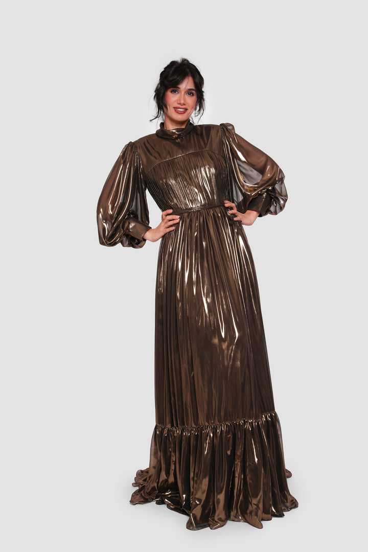 Selene Antique Gold Georgette Metallic Maxi Dress