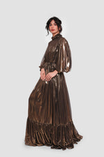 Load image into Gallery viewer, Selene Antique Gold Georgette Metallic Maxi Dress