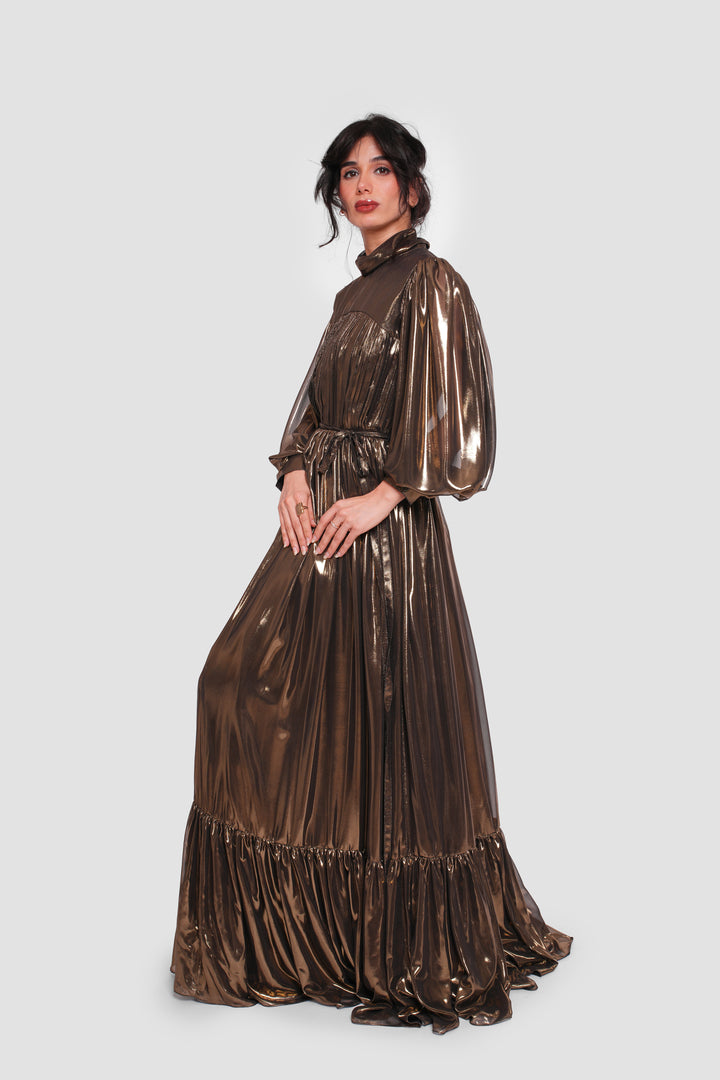Selene Antique Gold Georgette Metallic Maxi Dress
