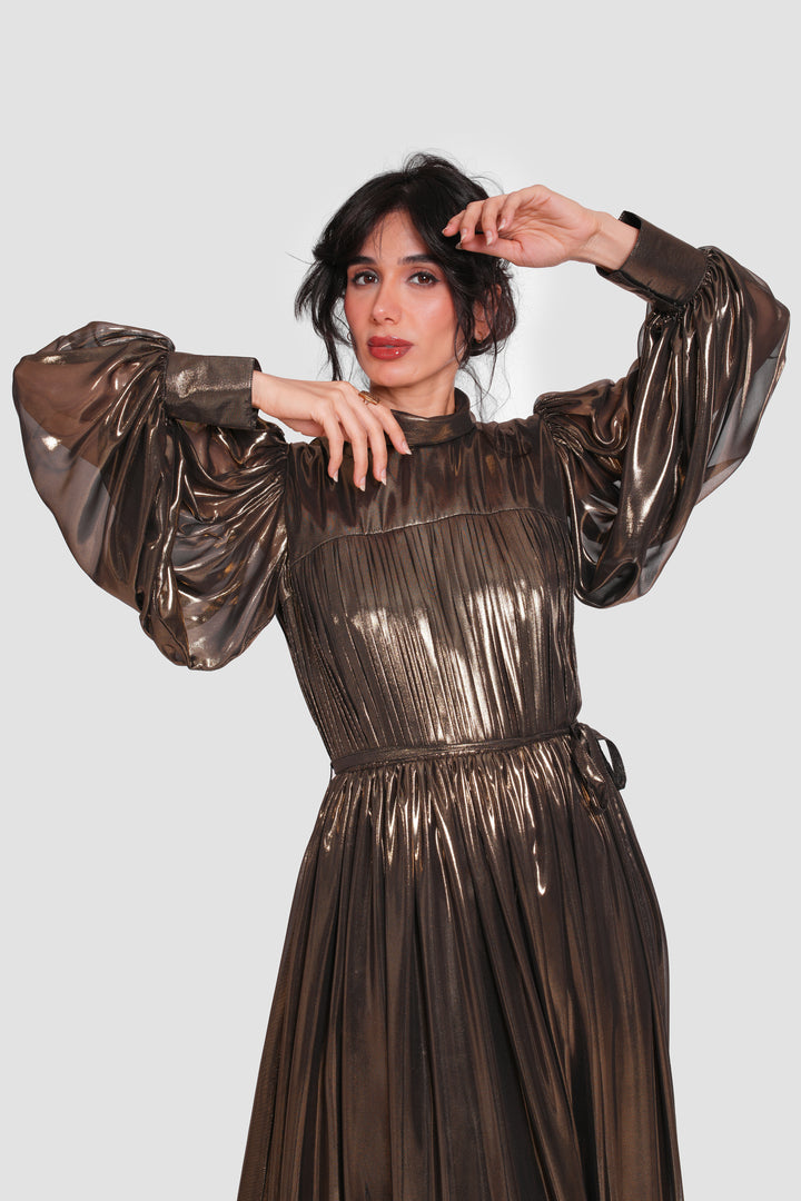 Selene Antique Gold Georgette Metallic Maxi Dress
