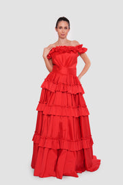 Carla Crimson Red Off-shoulder Taffeta Corset Maxi Dress