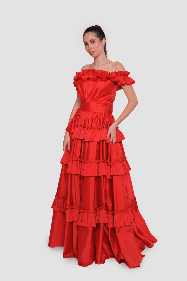 Carla Crimson Red Off-shoulder Taffeta Corset Maxi Dress