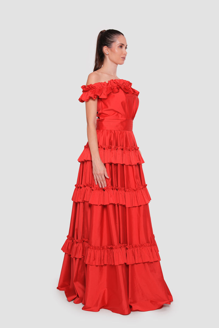 Carla Crimson Red Off-shoulder Taffeta Corset Maxi Dress