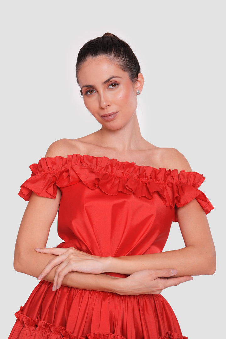 Carla Crimson Red Off-shoulder Taffeta Corset Maxi Dress