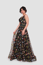 Load image into Gallery viewer, Jana Midnight Bloom Black Tulle With Multicolored Floral Embroidery Sleeveless Maxi Dress