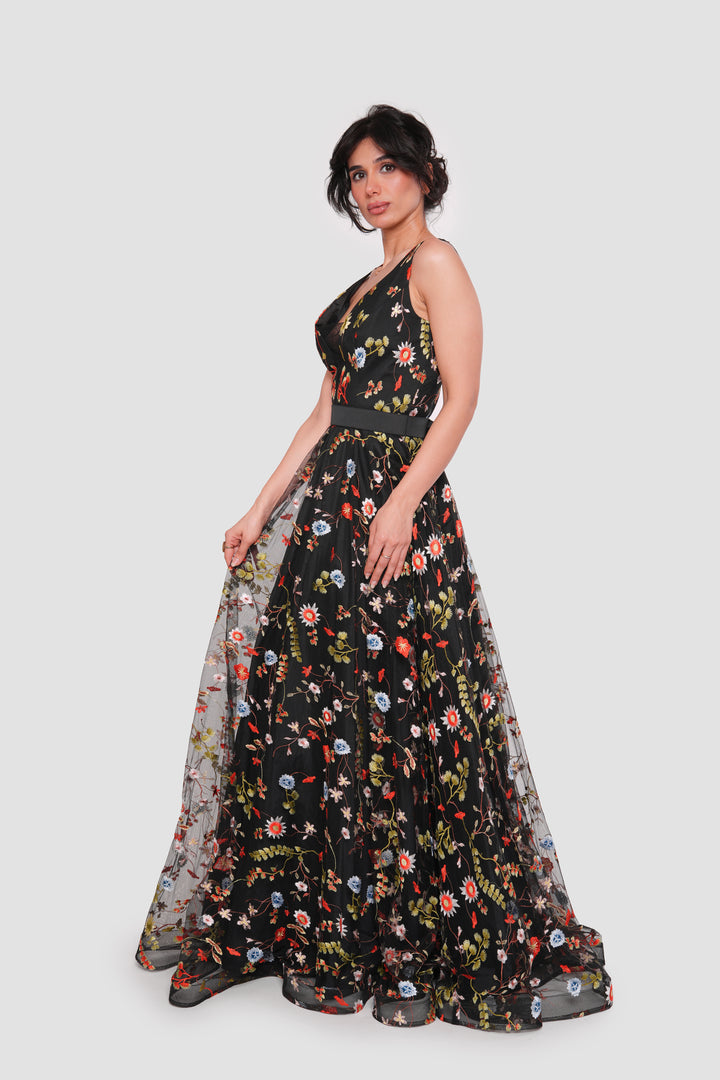 Jana Midnight Bloom Black Tulle With Multicolored Floral Embroidery Sleeveless Maxi Dress