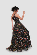 Load image into Gallery viewer, Jana Midnight Bloom Black Tulle With Multicolored Floral Embroidery Sleeveless Maxi Dress