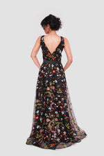 Load image into Gallery viewer, Jana Midnight Bloom Black Tulle With Multicolored Floral Embroidery Sleeveless Maxi Dress