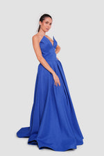 Load image into Gallery viewer, Azura Rich Azure Blue Jacquard Strapless Corset Maxi Dress