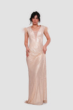 Load image into Gallery viewer, Aurelia Gold Deep V-neckline With Feather Trim Cape Sleeves Maxi Dress