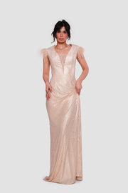 Aurelia Gold Deep V-neckline With Feather Trim Cape Sleeves Maxi Dress