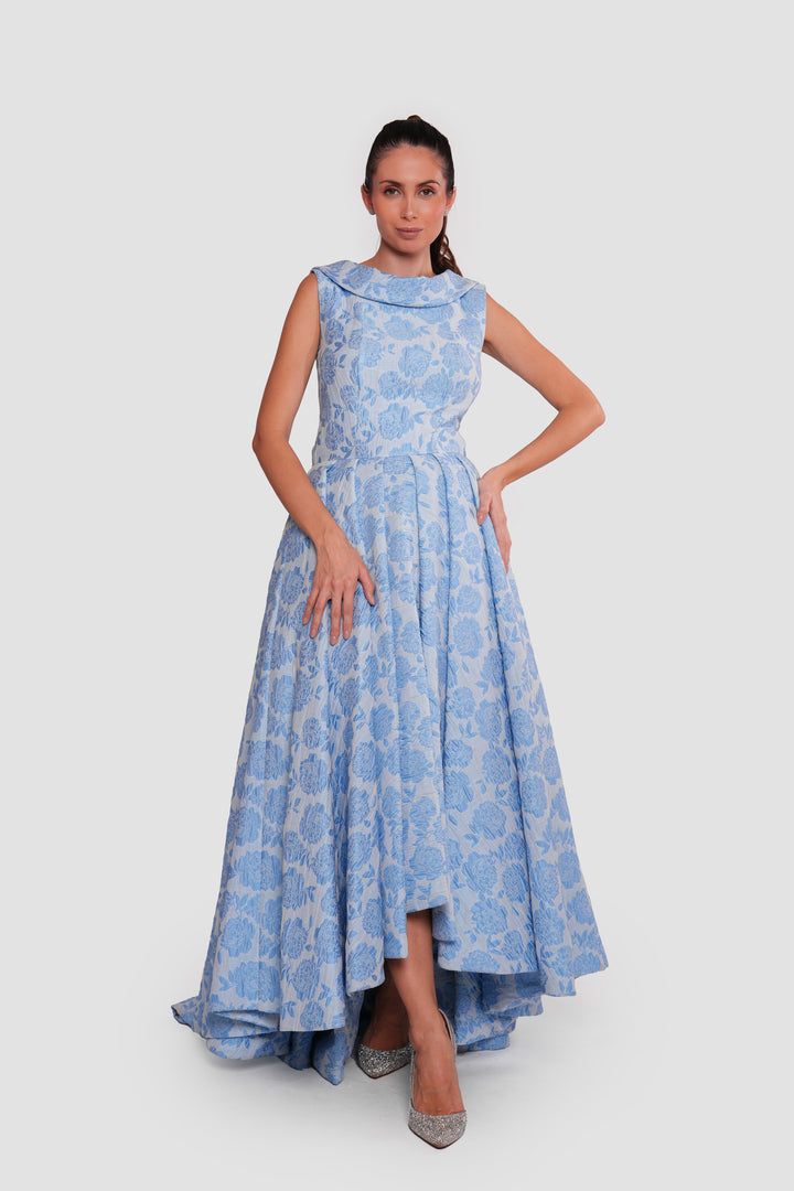 Blossom Sky Blue Floral Jacquard Boat Neck Sleeveless Maxi Dress