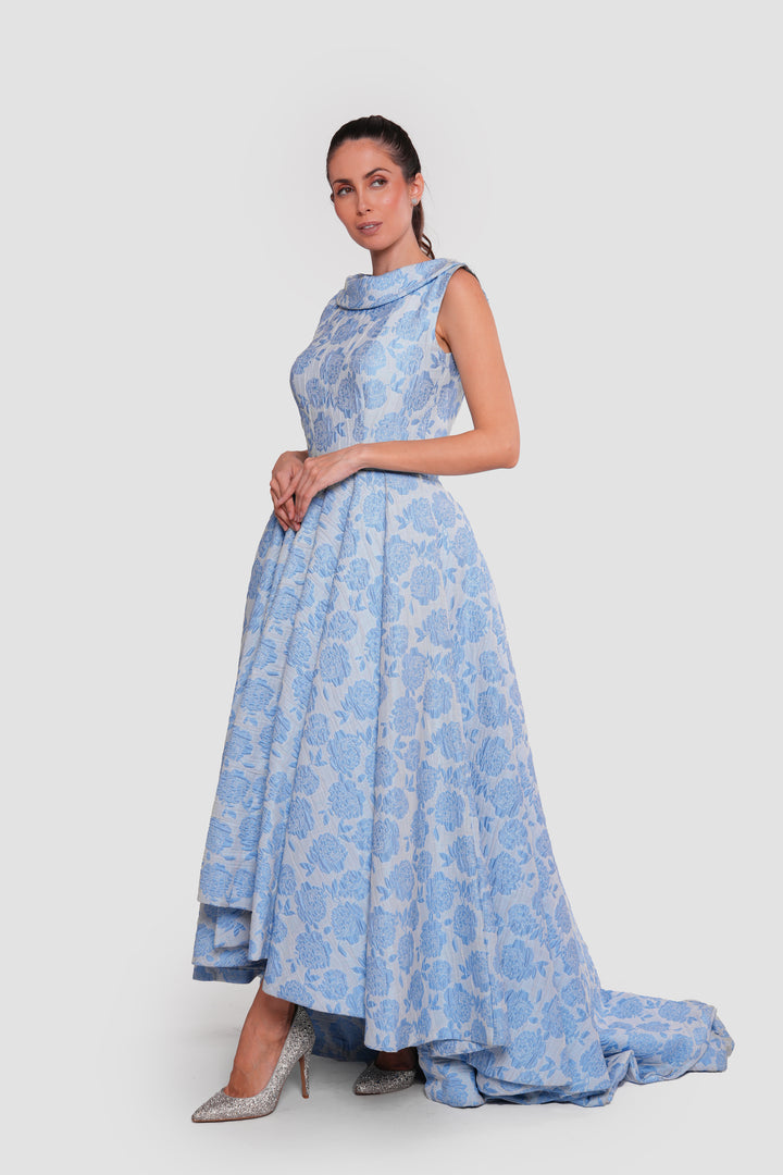 Blossom Sky Blue Floral Jacquard Boat Neck Sleeveless Maxi Dress