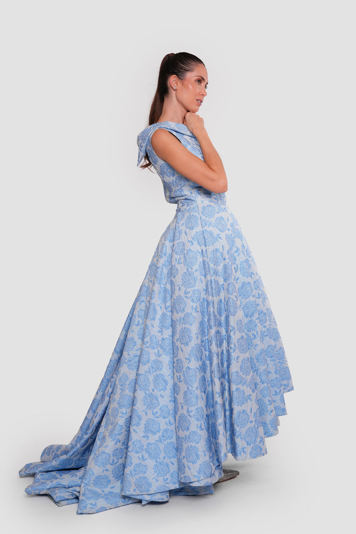 Blossom Sky Blue Floral Jacquard Boat Neck Sleeveless Maxi Dress