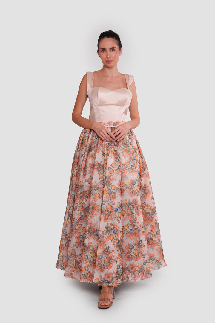 Felicity Serenade Nude With Multicolored Floral Patterns Silk Organza Maxi Dress