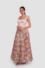 Load image into Gallery viewer, Felicity Serenade Nude With Multicolored Floral Patterns Silk Organza Maxi Dress