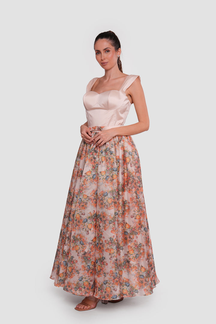 Felicity Serenade Nude With Multicolored Floral Patterns Silk Organza Maxi Dress