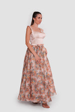 Load image into Gallery viewer, Felicity Serenade Nude With Multicolored Floral Patterns Silk Organza Maxi Dress