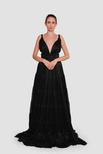 Load image into Gallery viewer, Natasha  Midnight  Elegance Black Metallic Fabric Plunging V-neck Open Back Gown