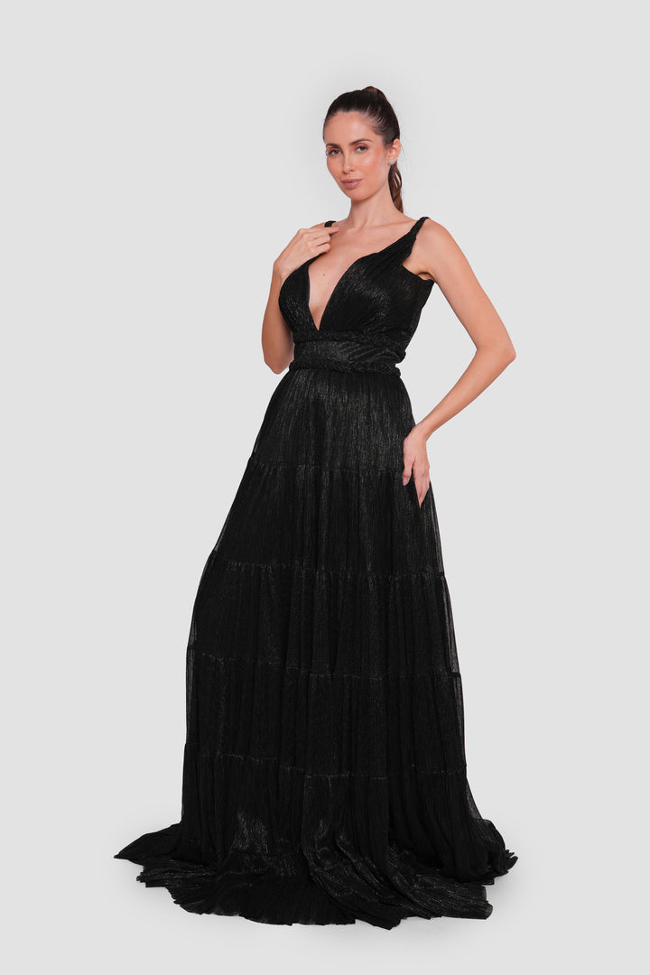 Natasha  Midnight  Elegance Black Metallic Fabric Plunging V-neck Open Back Gown