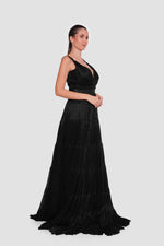 Load image into Gallery viewer, Natasha  Midnight  Elegance Black Metallic Fabric Plunging V-neck Open Back Gown