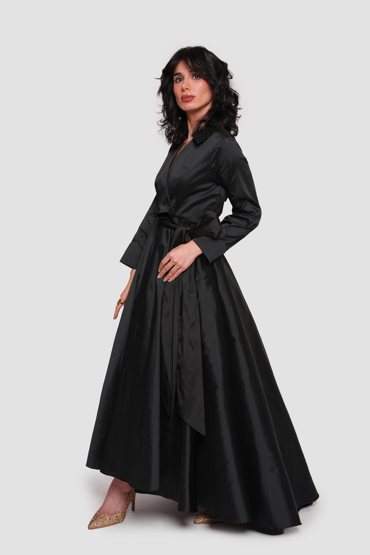 Noor Élan Black Taffeta Wrap-style Collared Maxi Dress