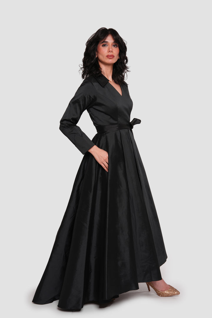 Noor Élan Black Taffeta Wrap-style Collared Maxi Dress