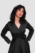 Load image into Gallery viewer, Noor Élan Black Taffeta Wrap-style Collared Maxi Dress
