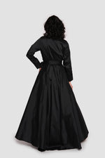 Load image into Gallery viewer, Noor Élan Black Taffeta Wrap-style Collared Maxi Dress