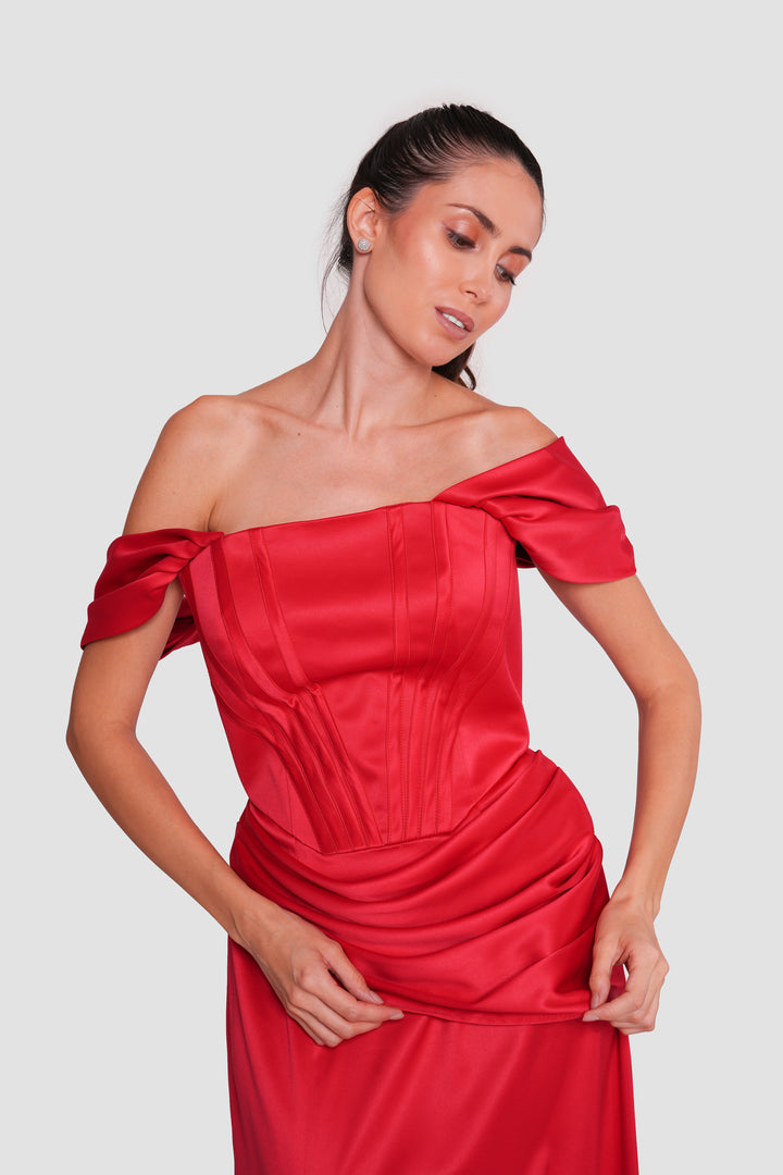 Suzanna  Red Satin Corset Gown With Draped Detailing