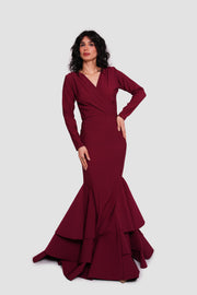 Estelle Burgundy Crepe Jersey Deep V-neckline Maxi Dress