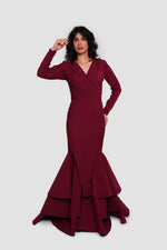 Load image into Gallery viewer, Estelle Burgundy Crepe Jersey Deep V-neckline Maxi Dress