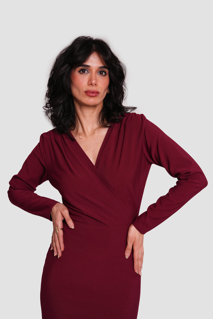 Estelle Burgundy Crepe Jersey Deep V-neckline Maxi Dress