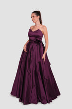 Load image into Gallery viewer, Malayna Deep Plum Taffeta Corset Strapless Maxi Dress