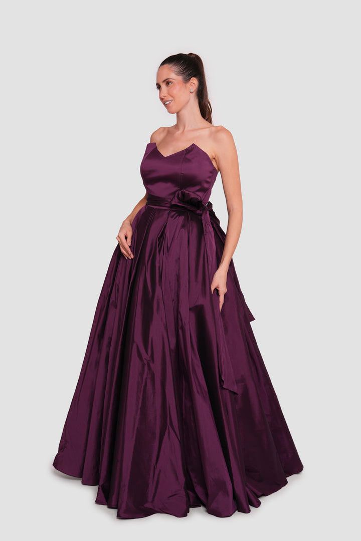 Malayna Deep Plum Taffeta Corset Strapless Maxi Dress
