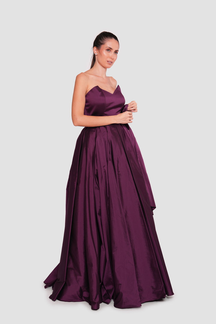 Malayna Deep Plum Taffeta Corset Strapless Maxi Dress