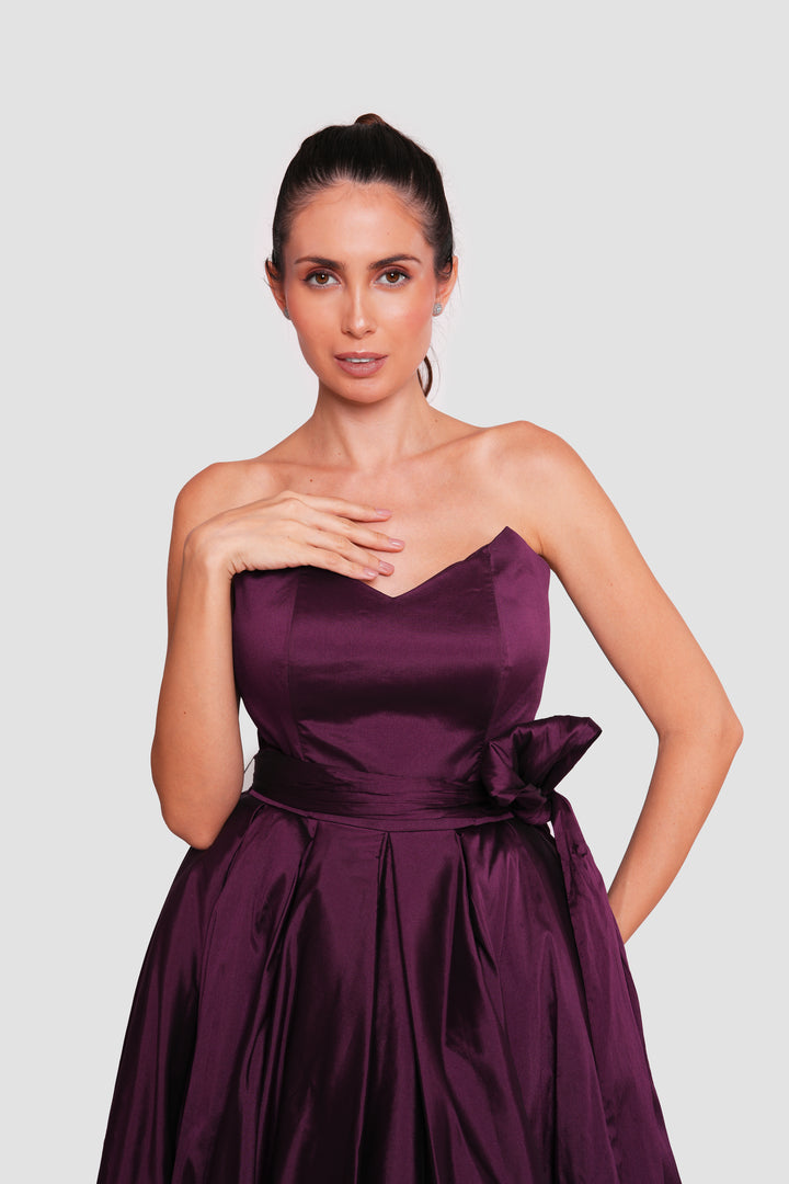 Malayna Deep Plum Taffeta Corset Strapless Maxi Dress