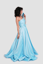 Load image into Gallery viewer, Araya Aqua Blue Silk Satin Strapless Corset Maxi Dress