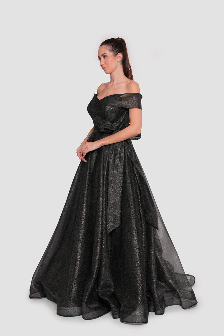 Naomi Black Glitter Embellished Tulle Corset Maxi Dress