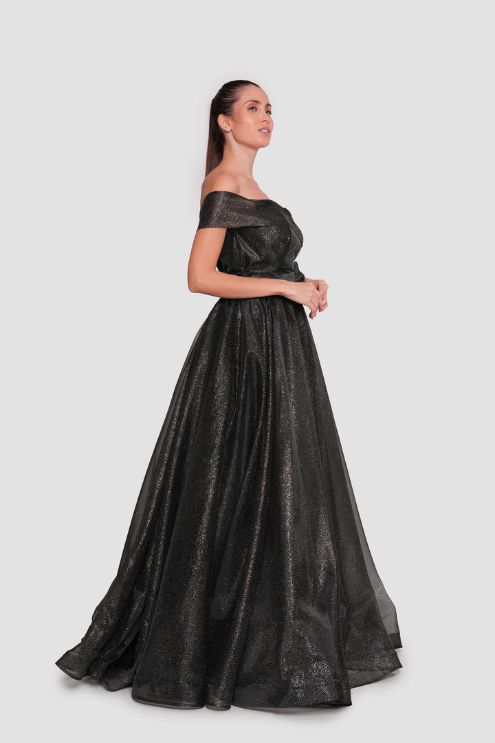 Naomi Black Glitter Embellished Tulle Corset Maxi Dress