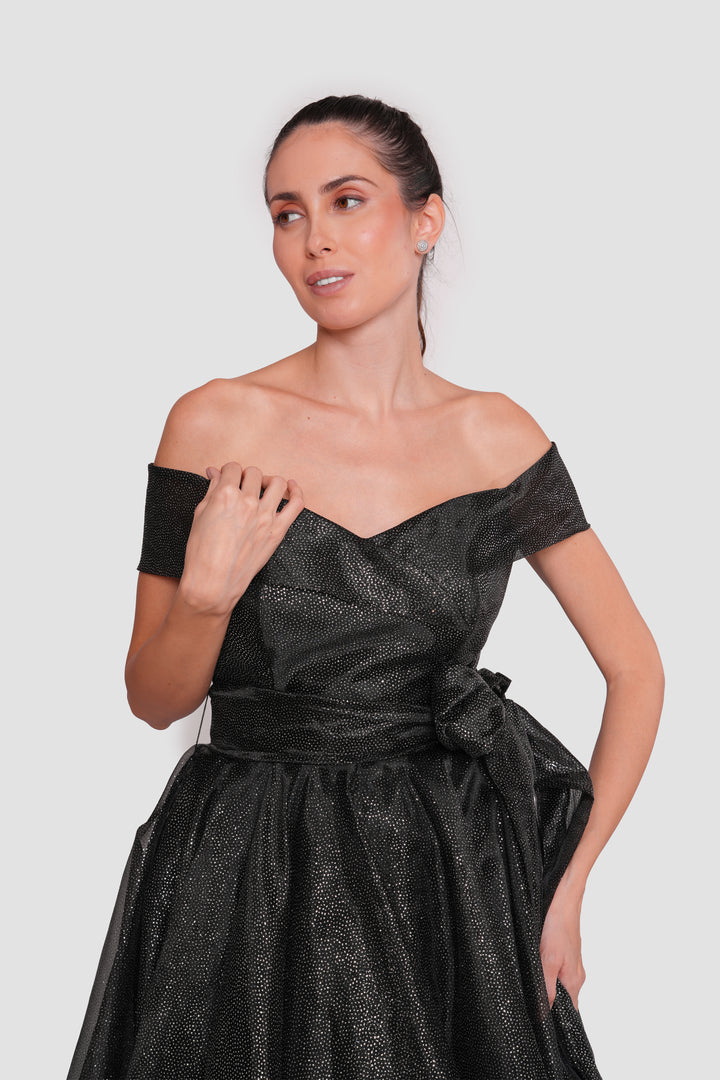 Naomi Black Glitter Embellished Tulle Corset Maxi Dress