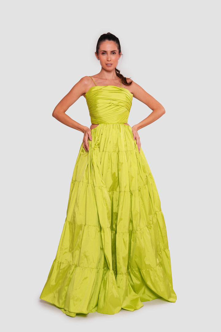 Marcella Lime Green Straight Neckline Open Back Maxi Dress