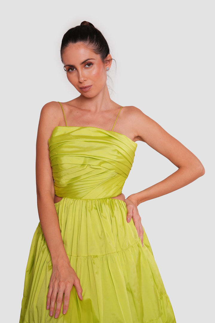 Marcella Lime Green Straight Neckline Open Back Maxi Dress