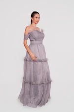 Load image into Gallery viewer, Evelyn Gray Organza Off-shoulder Corset Maxi Dress With Feathers