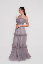 Load image into Gallery viewer, Evelyn Gray Organza Off-shoulder Corset Maxi Dress With Feathers
