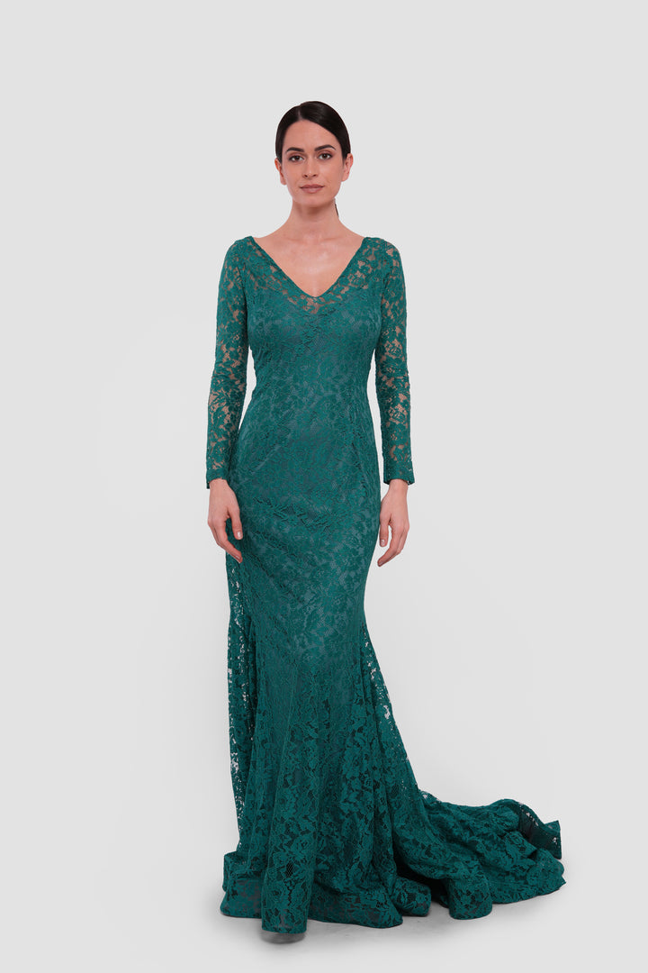 Diana Emerald Green Lace Open Back Gown
