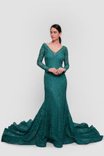Load image into Gallery viewer, Diana Emerald Green Lace Open Back Gown